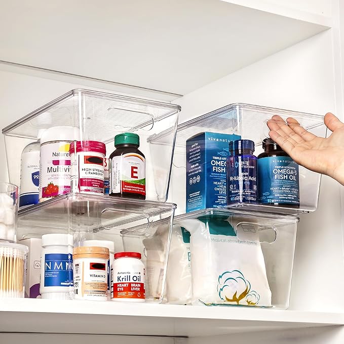 Vtopmart 4 Pack Clear Stackable Storage Bins with Lids, Large Plastic Containers with Handle for Pantry Organizer and Storage,Perfect for Kitchen,Fridge,Cabinet, Closet,Bathroom Organization