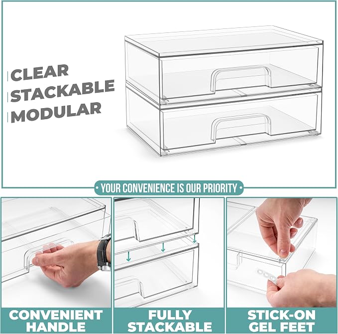 Sorbus Wide Stackable Acrylic Storage Drawers, 2 Pack Clear Plastic Organizer Bins for Baby Bottles, Makeup, Bathroom, Vanity & Countertop Organization, Pull-Out Drawer Design for Cabinets & Pantry