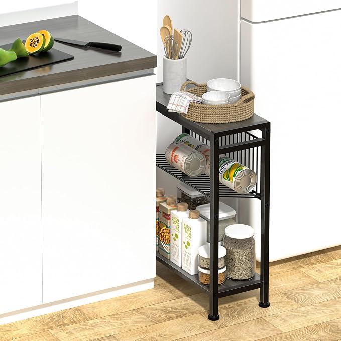 Side Table for Small Spaces, Narrow End Table with Magazine Holder, 2 in 1 Design Slim Side Table, Skinny Nightstand for Living Room Bedroom, Thin Side Magazine Table, Grey