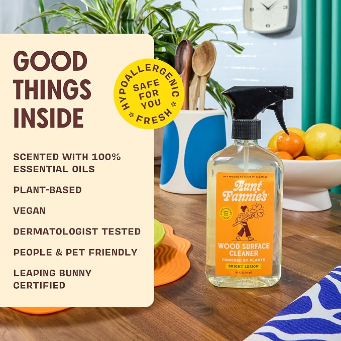 Aunt Fannie's All Purpose Wood Spray Cleaner, No-Wax Formula, Perfect for Wood Tables, Walls, Counters & Shelves, 16.9 Ounces, Lemon Scent (Pack of 3)
