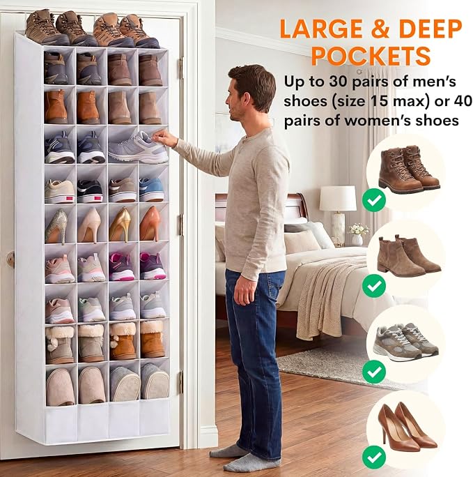 Ofiray-home 30-40 Pairs Over the Door Shoe Organizer | Large & Deep Pockets, Fits Boots, Sneakers or Larger Shoes, Space-Saving Hanging Shoe Rack