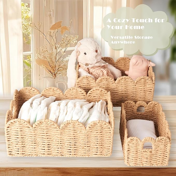 Scalloped Wicker Baskets, Set of 3 Hand-Woven Storage Baskets with Handles - Paper Rope Shelf Organizers & Decorative Baskets for Shelves, Closet, Bathroom (Tan）