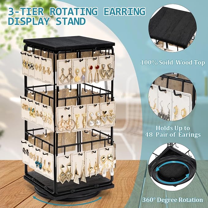360 Rotating Earring Display Stands for Selling, Earring Rack Display Holder Stand, Jewelry Display for Selling Earring Cards, Necklaces, Rings, Bracelets, Hair Accessories (2 Pack)