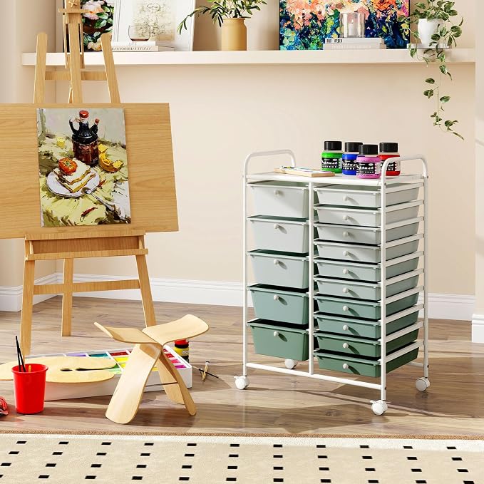 RELAX4LIFE 15-Drawer Storage Drawer Carts - Mobile Rolling Utility Cart | 34.5"H White Metal Frame, Gradient Green Drawers, Rolling Wheels; Classroom School Office Home Craft Utility Storage