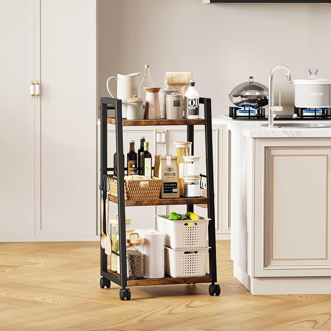 Homeiju 3 Tier Kitchen Storage Cart with Lockable Wheels & 6 Hooks, Mobile Utility Organizer Rolling Cart for Small Spaces, Bar Cart for Kitchen and Living Room, Rustic Brown