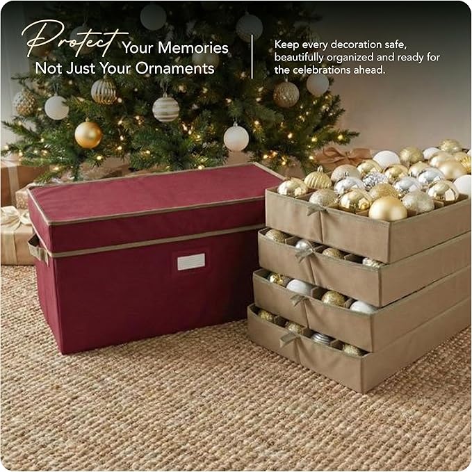 Covermates Keepsakes Adjustable Ornament Storage Box – Heavy-Duty Polyester, Padded Dividers & FlexGrid Trays – Protective Holiday Organizer with Stackable Walls & Label Window, Red