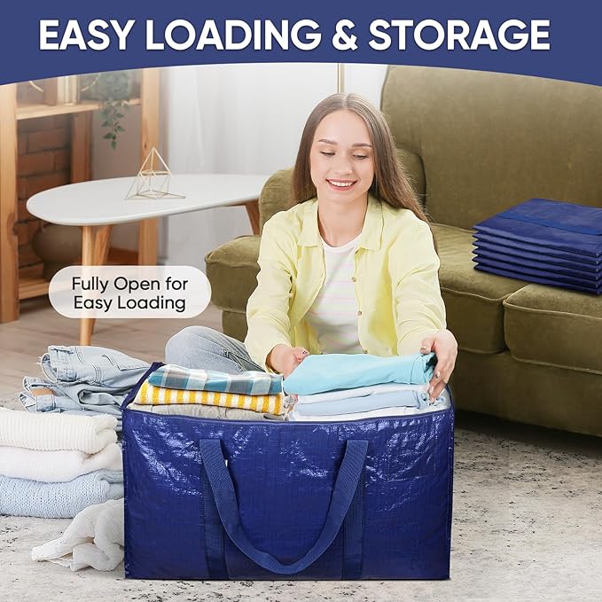 TICONN 6 Pack Extra Large Moving Bags Heavy Duty with Zippers & Carrying Handles, Durable Storage Bags Moving Boxes for Closet Organizers and Storage (6 Pack, Navy)