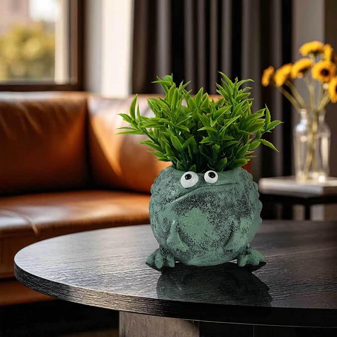 Frog Pen Holder for Desk, Cute Resin Flower Pot & Pencil Cup, Holds 10 Pens, Vintage Stacked Frog Figurine with Removable Grass, Desk Organizer for Office Home Decor, Unique Gift