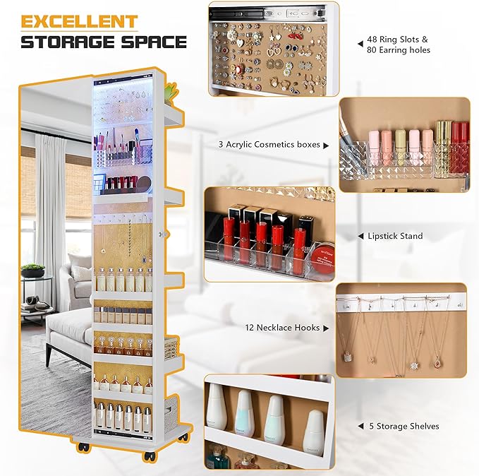 Lvifur 360° Rotating LED Jewelry Armoire,Side Pull Full Length Mirror Large Capacity Floor Standing 3 Color Dimmable Jewelry Organizer Armoire with 4 rollers,Rear Storage Shelves
