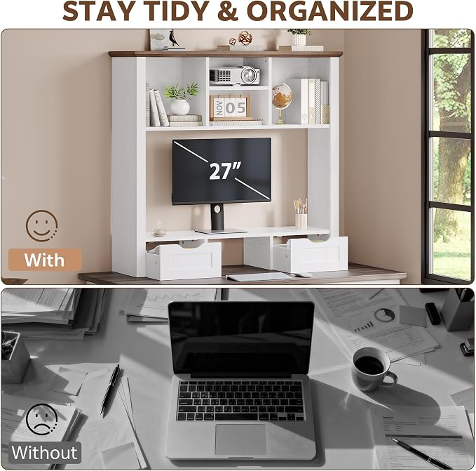 Desk Shelf with Computer Monitor Stand, 37.4''W Desktop Bookshelf Display Rack, Desktop Organizer Storage Rack with Cubbies & Drawers, 5-Tier Hutch for Home, Office, Dorm, Vanity, White&Brown