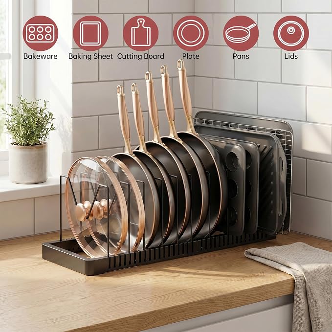 ORDORA Expandable Pot Lid Organizer, Solid Metal Under‑Cabinet Pots and Pan Storage Rack 14.1''‑24.8'', Fits Bakeware & Cookie Sheets with 14 Adjustable Dividers