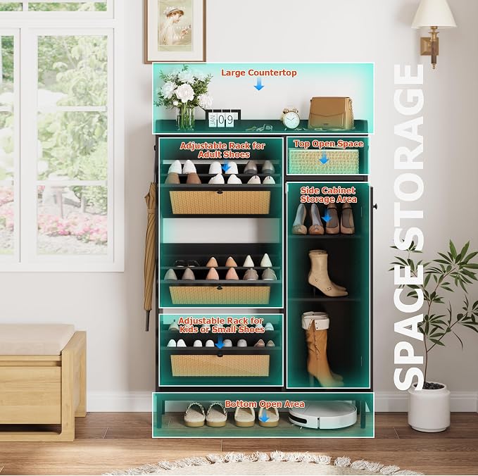 Garvee Shoe Cabinet with 3 Flip Drawers, Freestanding Shoe Organizer with 4-Tier Shoe Storage Cabinet and Adjustable Shelf & Rattan Doors,Narrow Shoe Rack Cabinet for Entryway, Closet, Hallway