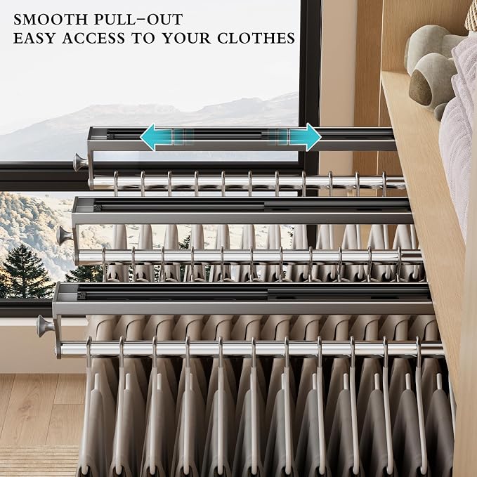 Pull Out Closet Rod, 13.7inch Heavy Duty Pants Rack, Adjustable Clothes Hanger Rail, Space Aluminum Valet Rod, Top Mounted Wardrobe Clothes Organizer, Closet Storage for Trousers Coats Gray