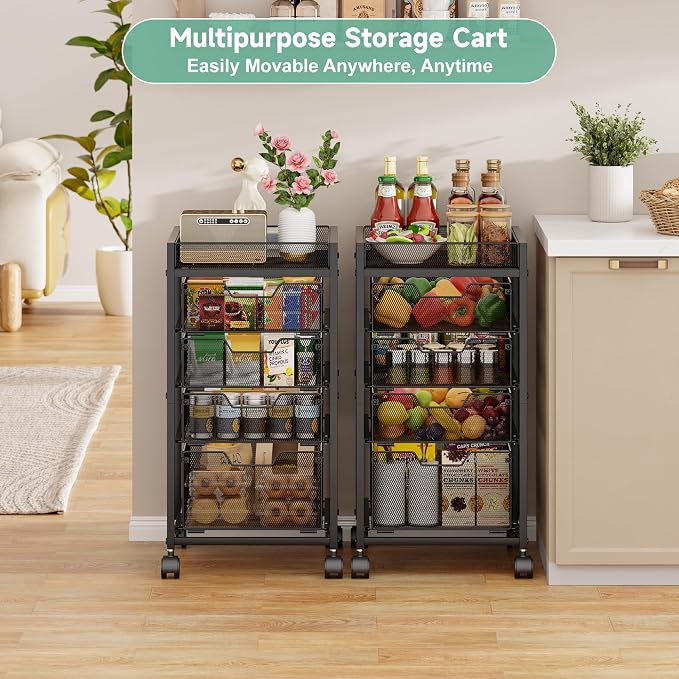 5-Tier Rolling Cart with Drawers & Top Basket, Snack Cart with Wheels | Metal Kitchen Utility Storage Cart - Fruit Vegetable Storage Stand, Kitchen Organization Rack for Cans, Craft, Art, Beauty