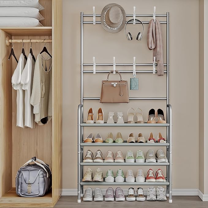 Coat Rack Shoe Rack With Storage Shelf Freestanding with 8 Hooks for Entryway Bedroom Closet 4 Tier, Grey