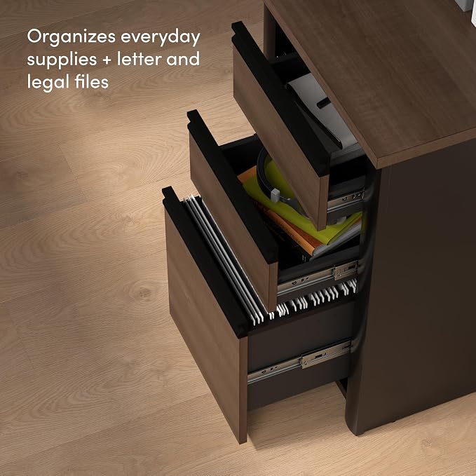 Bestar L Shaped Desk with Drawers and Keyboard Tray, Executive Workstation for Home or Professional Office, 72 Inches, Connexion Collection, Antigua and Black | With Drawers and Keyboard Tray; The Bestar Connexion L Shaped Desk with Drawers presents a ...