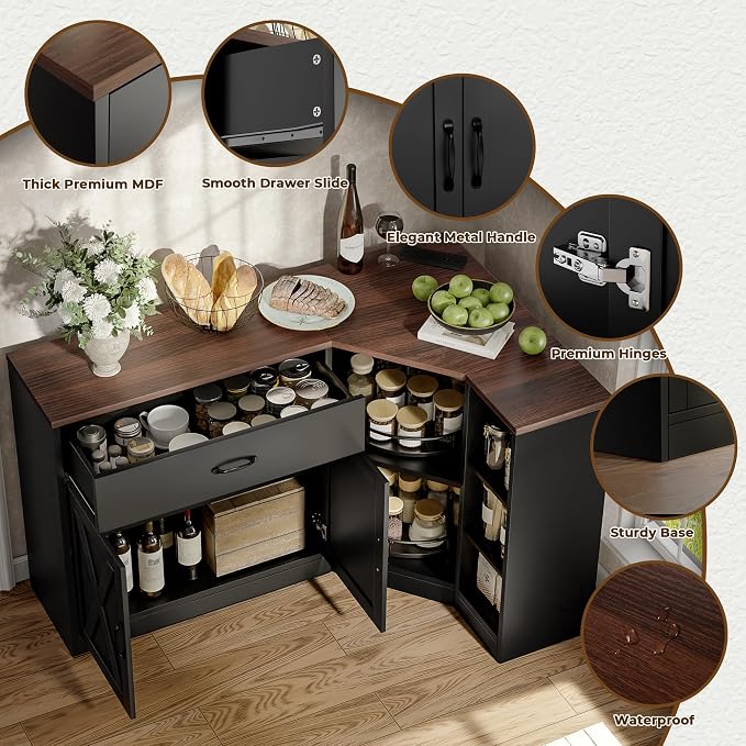 Loomie Corner Cabinet w/Charging Station, Kitchen Pantry Cabinet w/2 Tier Lazy Susan Turntable, Farmhouse Food Pantry w/Drawer & Doors & Adjustable Shelf, L-Shaped Sideboard for Dining Room (Black)