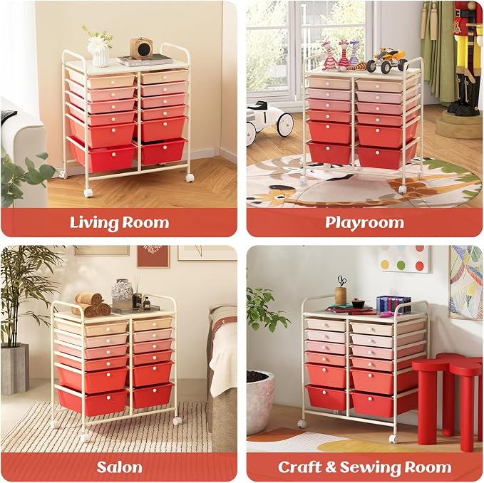 Moccha 12-Drawer Rolling Storage Cart - Utility Cart on Wheels with Lockable Casters for Craft Art Supply Paper Salon, Mobile Drawer Carts for Classroom Teacher School Office (Gradient Pink)
