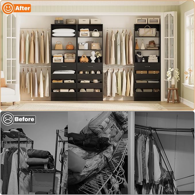 Aheaplus Closet System with 12 Drawers, 8.5-11.5Ft Wood Closet Organizer System with 4 Hanging Rods & 3 Towers, 4Ft & 6Ft L-Shaped Walk-in Closets Wardrobe Organizer Clothes Rack, Set of 3, Black