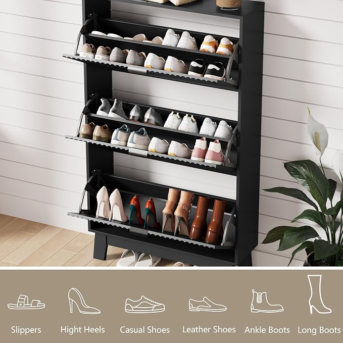 Shoe Cabinet Storage for Entryway with 3 Flip Drawers, Fluted Narrow Shoe Organizer with Wooden Legs, Freestanding Slim Shoe Storage Hidden Shoe Rack Organizer for Front Door Entrance, Hallway, Black