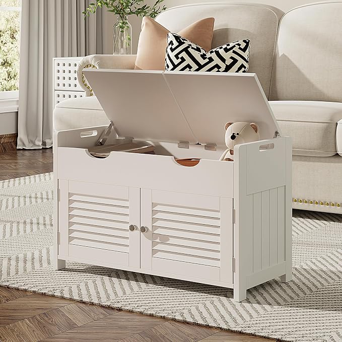 ChooChoo Shoe Storage Bench with Lift Top Storage & Cushioned Seats | 29.5" Entryway Bench with 3 Compartments & Adjustable Shelf, for Entryway, White