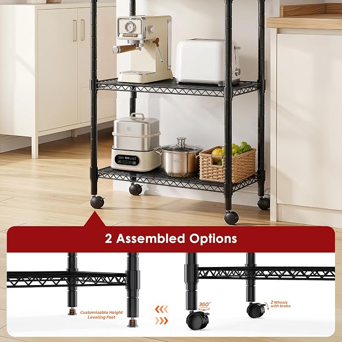 Simple Deluxe 3-Tier Heavy Duty Adjustable Storage Shelf with Wheels, 23.23”W x 13.39”D x 30.31”H, Mobile or Stationary Metal Shelving Unit, Easy Assembly for Kitchen, Pantry, Laundry Room, Black