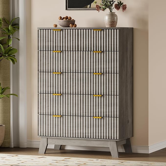 BORNOON 46" Tall Dresser for Bedroom, 6-Drawer Fluted Chest of Drawers, Modern Wood Highboy with Deep Storage, Metal Slides and Handles, Anti-Tip Kit, Vertical Clothes Organizer for Apartment, Nursery