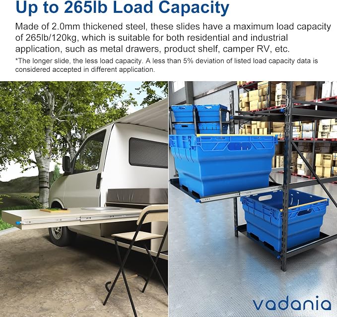 VADANIA #D53 48" Heavy Duty Locking Drawer Slide with Lock, 1-Pair | 2" Width, Up to 125lb Load Capacity, 3-Fold Full Extension, Detachable Lock-in & Lock-Out, Side Mount