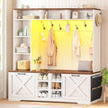 Itaar Hall Tree with Bench and Shoe Storage, 59.1" Farmhouse Entryway Bench with Coat Rack, Shoe Cabinet with Flip Drawers, 12 Shelves, 9 Coat Hooks, Storage Bag, Led Lights, White