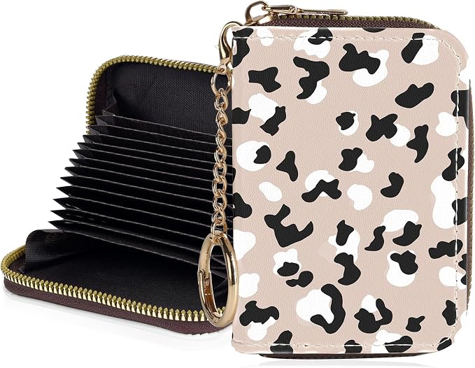 Credit Card Holder for Women,Small Rfid Wallet with Keychain Zipper,Cute PU Leather Card Case Wallet，Accordion Credit Card Wallets Gift,Leopard Print C