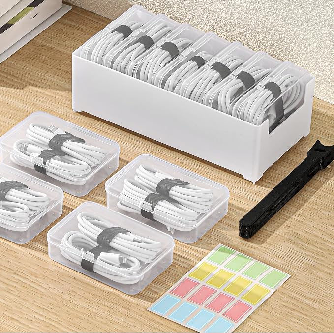 Cable Organizer Storage Box 7 Case Cable Box with Cable Straps and Label Stickers, Travel Cord Organizer for Charging Cables, USB Wires, Earphones – Drawer Organization for Home & Office