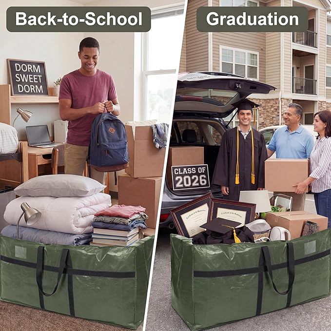 2 Pcs 66 Gallon Extra Large Moving Bags Storage Bags with Zipper and Handles Heavy Duty Duffle Bag Foldable Tote Bag for College Dorm Travel Clothes Blankets Bedding Moving(Army Green)