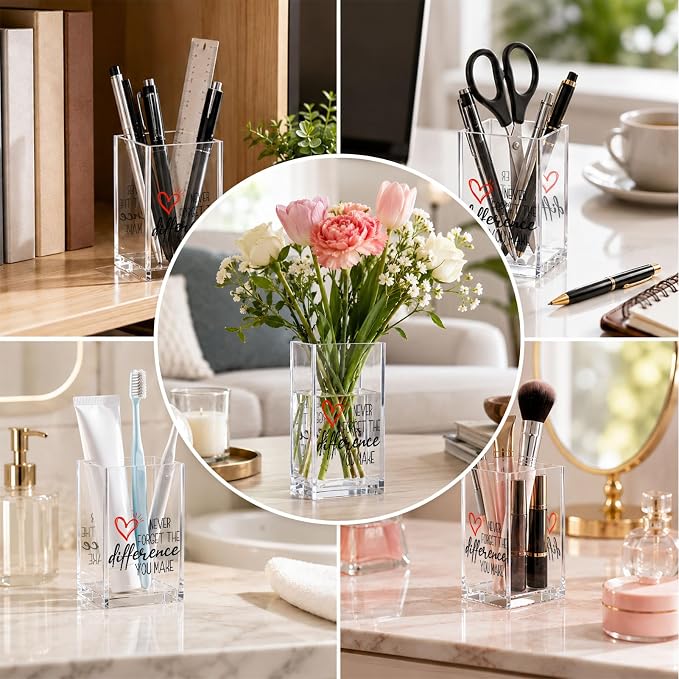 Acrylic Pen Holder Cup, “Never Forget the Difference You Make” Desk Decor, Inspirational Pencil Holder Organizer, Motivational Gift for Women Teacher Coworker