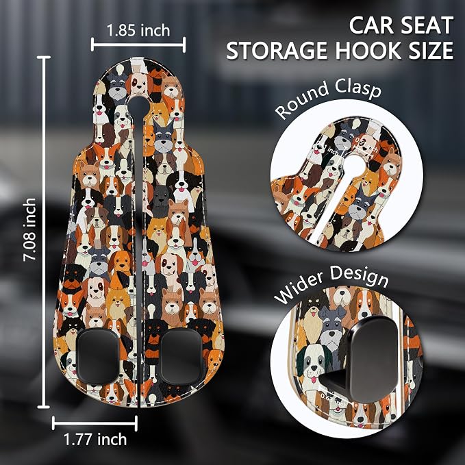 Blusabaca 2PCS Car Seat Headrest Hooks, Purses Bags Holder, Cute Dogs Puppy | PU Leather, Double Metal Back Storage Hangers for Grocery Bags Handbags Bottles Coats Phones, Car Accessories Organization