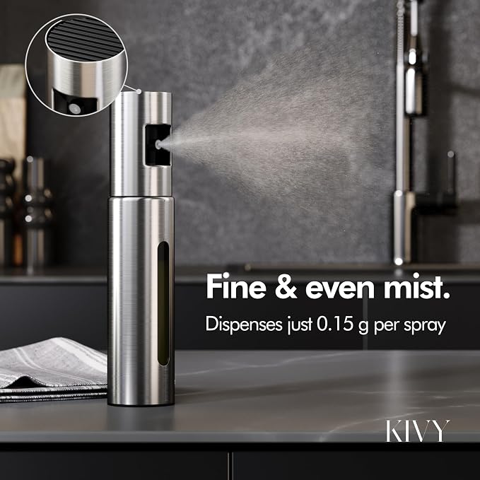 KIVY Glass Oil Sprayer for Cooking– Precise Oil & Vinegar Spray Bottle Oil Mister Spray Bottle for Food – Includes Funnel – Perfect for Cooking & Air Fryer (Brushed Stainless Steel)