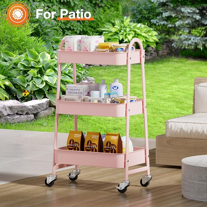 NEWBULIG 3-Tier Metal Rolling Cart with Lockable Wheels, Heavy Duty Mobile Utility Storage Shelf, Roller Book Snack Cart, Organization for Livingroom, Bathroom, Office, Pink