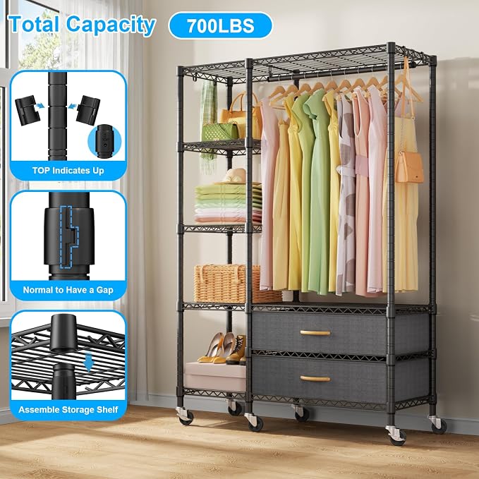 Ulif F3R Heavy Duty Clothes Rack（With Lockable Wheels）Freestanding Clothing Racks for Hanging Clothes，Adjustable Closet Organizer System，Portable Garment Rack 40"W x 15"D x 74"H，Max Load 700LBS，Black