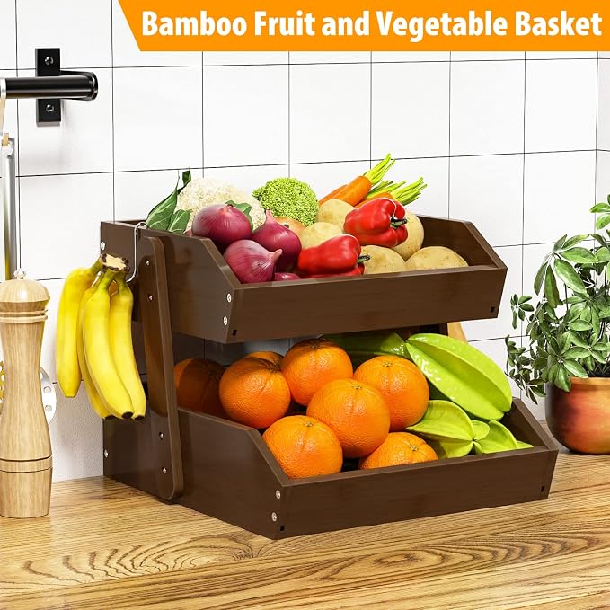 Gmtsl Bamboo Fruit Basket for Kitchen, Fruit Holder for Kitchen Countertop | 2 Tier Fruit bowl for Kitchen Counter, Fruit Stand, Vegetable Basket Storage, Produce Organizer, Bread Snack Display(WALNUT)