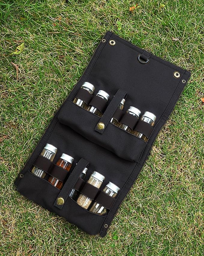 Travel Spice Kit, Portable Spice Bag with 10 Spice Jars, Canvas Seasoning Storage Bag Organizer, Seasoning Bottle Holder with Mini Condiment Bottle, Condiment Container Set for Camping BBQ(Black)