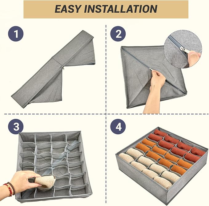 PINGMIC Gray Sock Organizer Divider 4 Pack - 24 Cell Foldable Closet Storage, Tie Organizer For Men Boxes for Socks, Ties, Belts