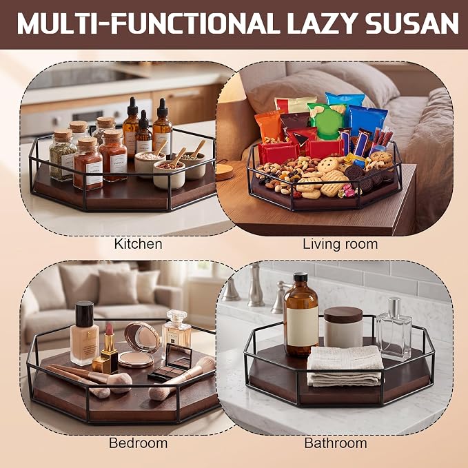 Sliner 12" Lazy Susan Turntable Organizer Octagonal Wooden Rotating Tray with Metal Guard Rail Farmhouse Storage for Cabinet Kitchen Table Countertop Pantry Dining Coffee Farmhouse Bathroom Vanity