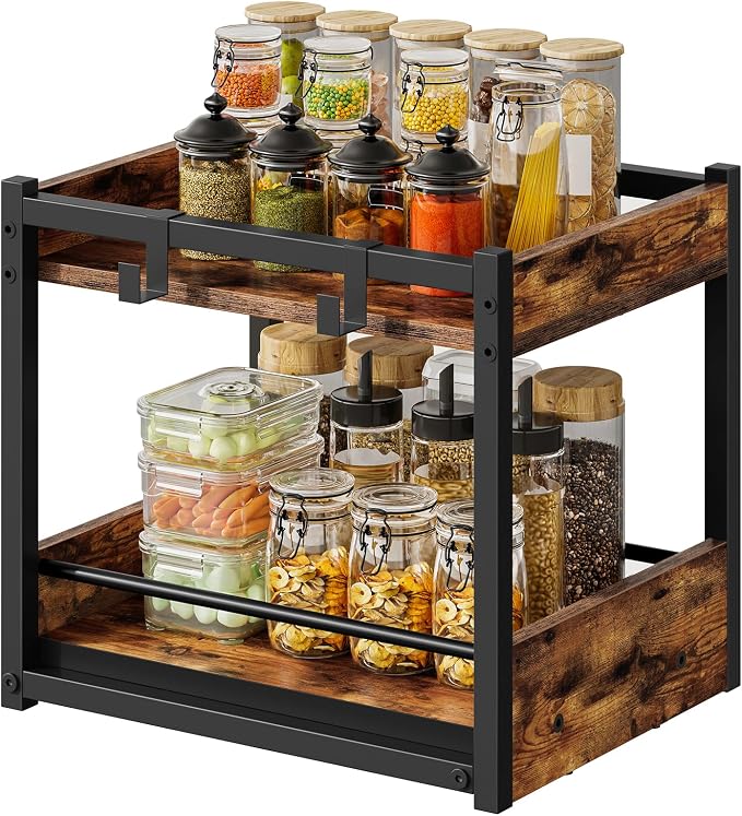 HOOBRO Kitchen Countertop Organizer, Corner Shelf Organizer, 2-Tier Spice Rack with Pull-Out Shelf and Hooks, for Kitchen, Office, Study, Bedroom, Living Room, Rustic Brown and Black BF08TL01