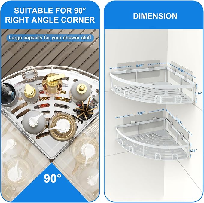 Corner Shower Caddy for Bathroom Storage,White,2 Pack | No Drilling, Rustproof, Adhesive Bathroom Shower Shelves, Wall Mounted