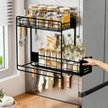 Magnetic Shelves for Washing Machine with Pull Out Shelf, Black Magnetic Sliding Racks for Side of Fridge, Magnetic Laundry Shelf with 5 Hooks, Magnet Laundry Room Organizer