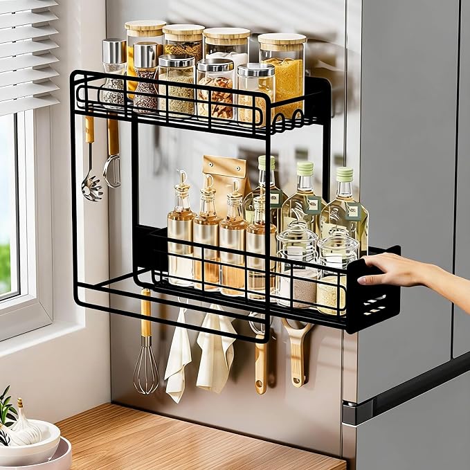 Magnetic Shelves for Washing Machine with Pull Out Shelf, Black Magnetic Sliding Racks for Side of Fridge, Magnetic Laundry Shelf with 5 Hooks, Magnet Laundry Room Organizer