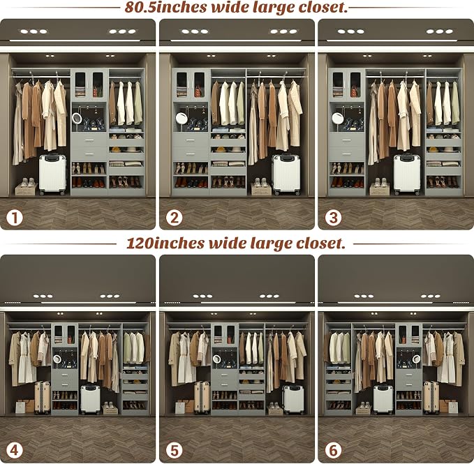 6.7FT-10FT Closet System Set with Half-Open Drawers, 80.5''-120" Wooden Modular Wardrobe Set with Shelving Towers, 80'' Height Closet Organizer with Hanging Rods and 2 Big Wing Shelves, Grey