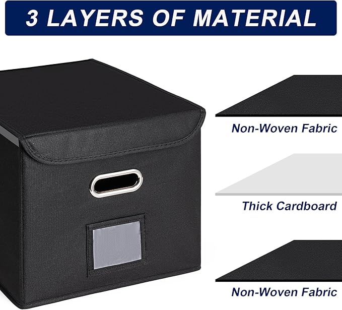 CADONO File Organizer Box with Lid, Large Hanging File Folder Organizer with Plastic Slide, Collapsible Portable Filing Storage Boxes for Office/Decor/Home (Black, 14.9 x 12.59 x 10.8 inch, 2-Pack)