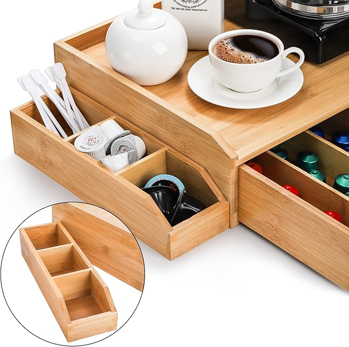 SOUJOY Bamboo 2 Drawer Coffee Pod Organizer with Side Box for K Cup Tea Bag | Space-Saving, Eco-Friendly, Natural Bamboo Organizer for Kitchen Counter, Coffee Bar, Office