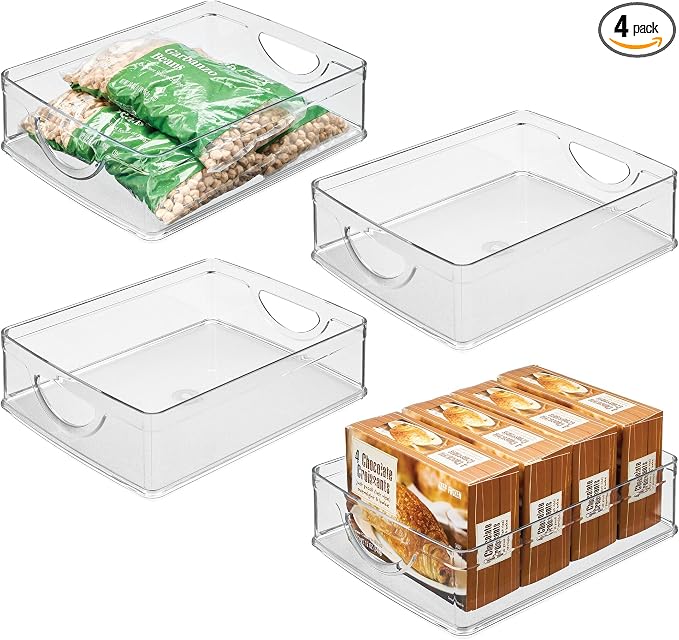 iDesign Plastic Stackable Pantry Bin, Set of 4, Clear | Storage Bin with Handles, For Cabinets or Fridge