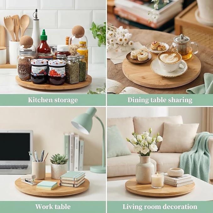 Lazy Susan Organizer for Cabinet, Pantry or Tabletop：11.8" Bamboo 360°Turntable Lazy Susan Organizer for Kitchen, Counter or Spice Rack Storage